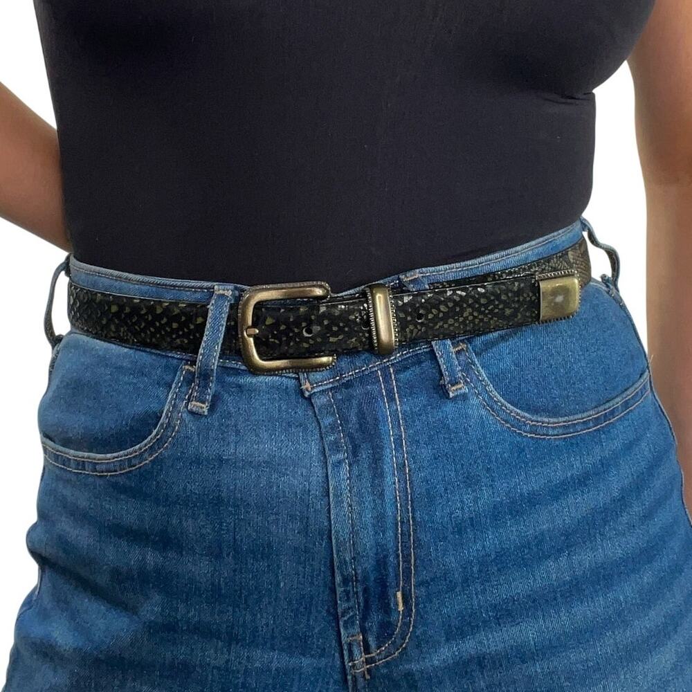 1990s Vintage Oak Tree Black Python Snake Print Embossed Leather Belt Size 38